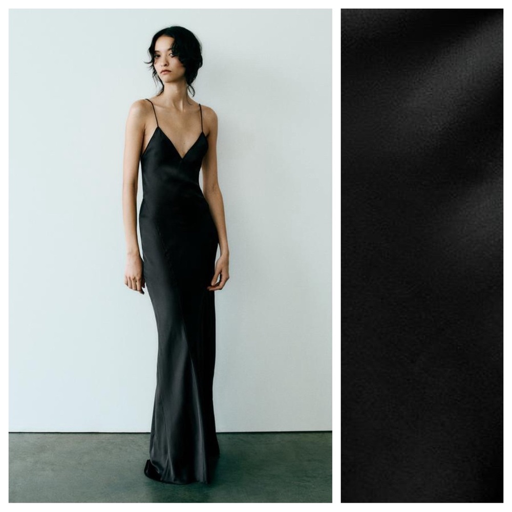 NWT. Zara Black Satin Effect Slip Midi Dress. Size M.